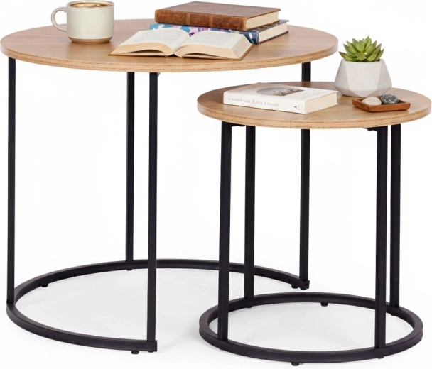 Divu apaļu gaiša ozola loft stila kafijas galdiņu komplekts ModernHome