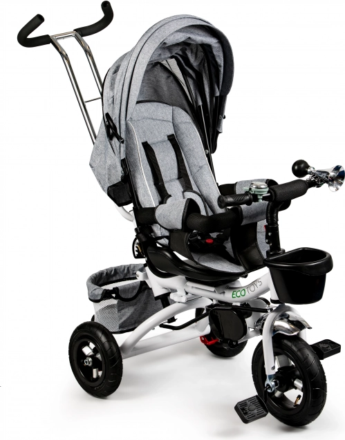 Ecotoys bērnu trīsritenis ar 360° grozāmu sēdekli un jumtiņu, pelēks
