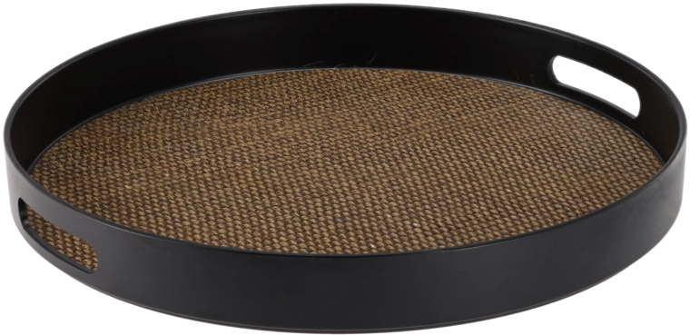 Round serving tray with handles, black with jute decor, 35 × 35 × 4 cm