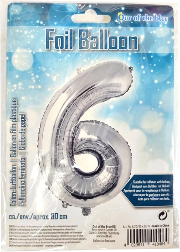 Folijas balons cipars 6, sudrabains, 80 cm