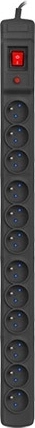 Pārsprieguma aizsargjosla ARMAC M12/16A 19" rackam, 1,5 m, melna (12 kontaktligzdas)