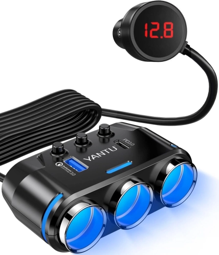 Yantu automašīnas cigarešu aizdedzinātāja sadalītājs ar 3 ligzdām, USB un USB-C