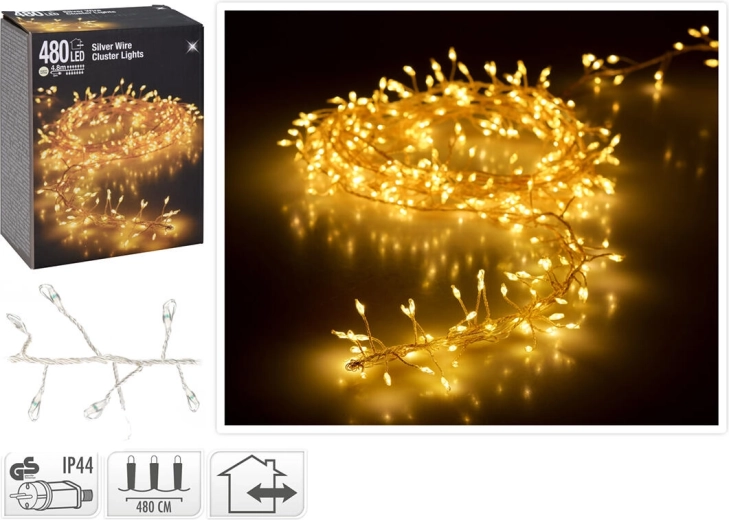 Ziemassvētku LED gaismas virtene 4,8 m, 480 diodes, silti balta, sudraba stieple