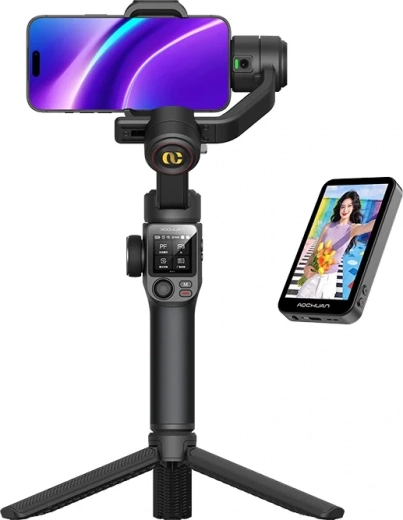 Aochuan S3 3 asu telefona stabilizators ar skārienekrānu, AI 360° sekošanu un LED gaismu (melns)
