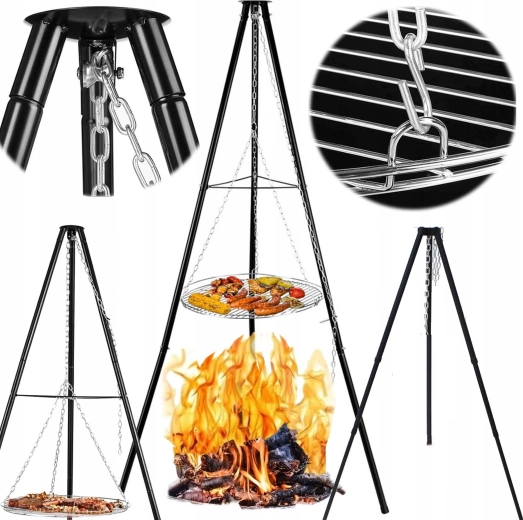 Piekaramais trijkāju grils ar ugunskuru vietu, režģa diametrs 50 cm, augstums 150 cm