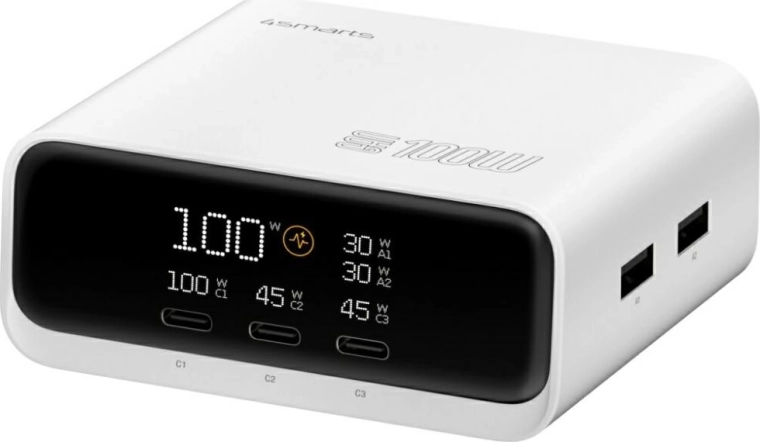 Galda lādētājs 4smarts GaN 100 W ar displeju, 3× USB‑C + 2× USB‑A, balts