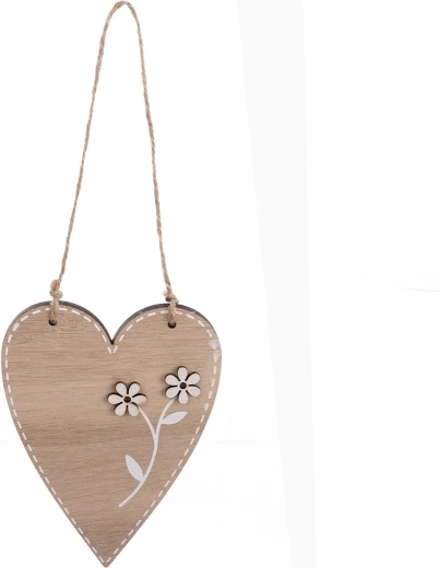 Piekarināma koka dekorācija sirds ar ziedu, bēša, 13 cm