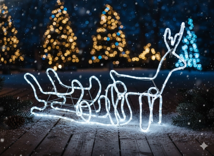 Ziemassvētku LED ziemeļbriedis ar kamanām 120 × 27 × 66 cm – auksti balts ar aukstu mirgošanu