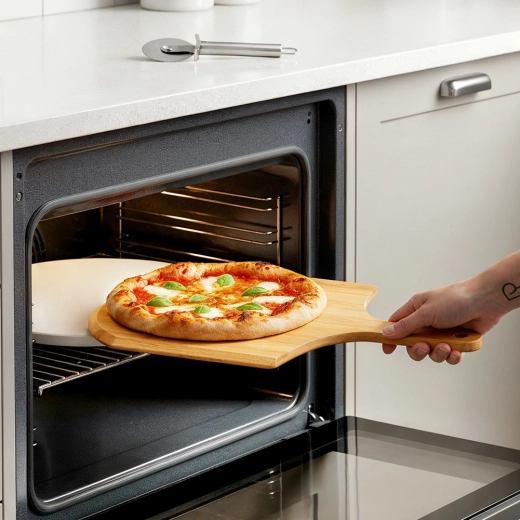 Safe pizza transfer with the bamboo peel