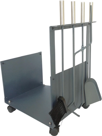 Kamīna grozs ar instrumentiem 62 cm – tērauds un koks, pelēks, 4 daļu komplekts