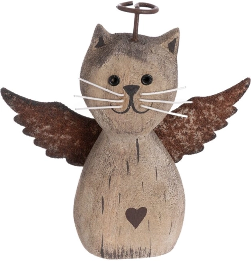 Dekorācija kaķa formā no paulovnijas koka un metāla, bēša, 12 cm