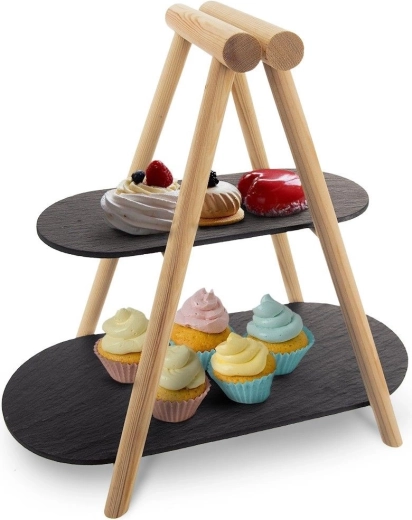 Two-tier serving stand made of slate and wood 41 × 24 × 38.5 cm