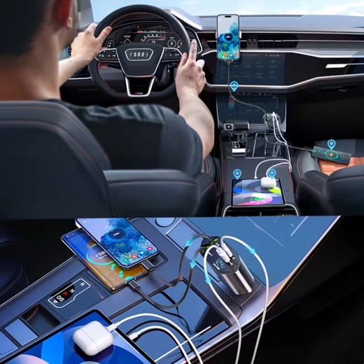 4 in 1 auto lādētājs ar USB‑C un Lightning, izvelkams kabelis, 100 W ātrā uzlāde