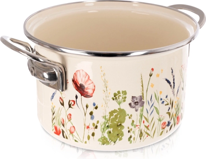 Emaljēts krēmkrāsas katls ar magoņu motīvu 18 cm, 2 l