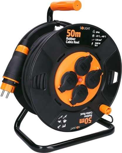 Solight outdoor extension cable on reel 50 m, 4 sockets, rubber cable, IP44