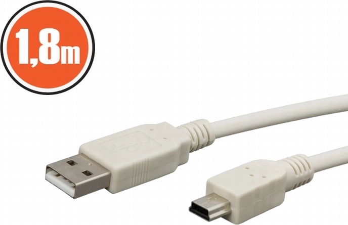 USB 2.0 kabelis A uz mini B, 1,8 m, balts