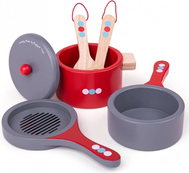 Bigjigs Toys Wooden Cookware Set with Polka Dots