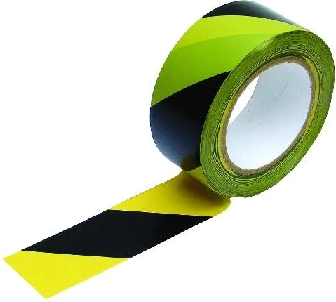 Pašlīmējoša brīdinājuma lente dzelteni-melna, slīpas svītras pa kreisi 48 mm × 33 m