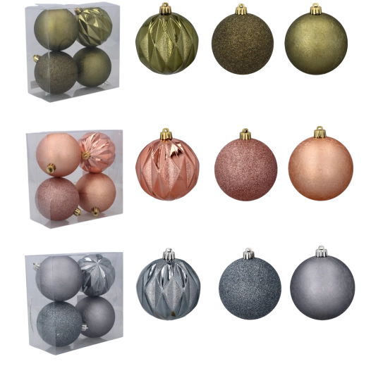 4 Ziemassvētku rotājumu komplekts 8 cm – olīvzaļš, vara un grafīta krāsā