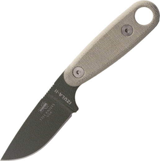 ESEE Izula II green neck knife with Micarta handle and black sheath