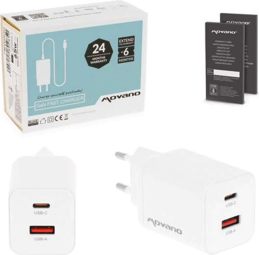 Movano GaN 45 W USB‑C PD + USB‑A lādētājs, balts