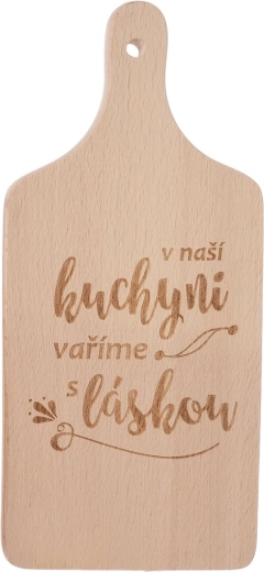 Koka virtuves dēlītis ar uzrakstu “v mūsu virtuvē” 14 × 30 cm