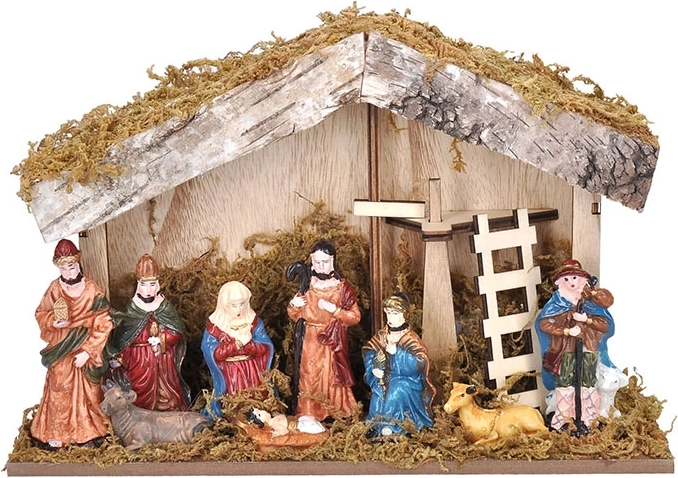 Wooden design with colorful figurines