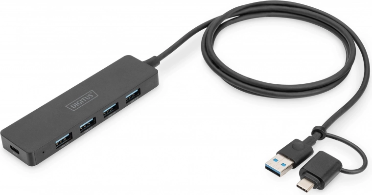 USB 3.0 Hub 4-port SlimLine with USB-C adapter 1.2m 5Gbps, USB-C power connector