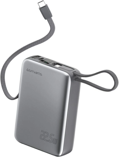 Ārējā baterija 4smarts Pocket Dual Cord 20000 mAh, 22,5 W, ar iebūvētu USB‑C kabeli 15 cm, pelēka