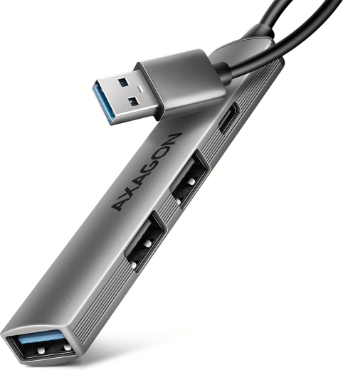 Axagon HUE-STA alumīnija USB centrs ar 4 portiem (1× USB‑A 5 Gbps, 2× USB‑A 2.0, 1× USB‑C 2.0) ar 12 cm kabeli