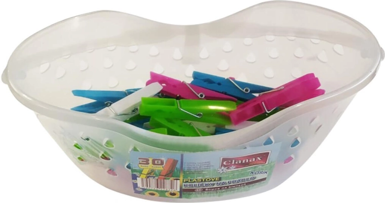 Veļas knaģi groziņā, krāsu mikss, 30 gab.