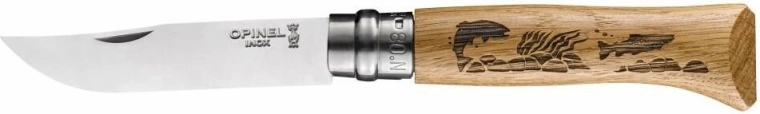 Opinel N°08 Inox Animalia kabatas nazis ar zivju motīvu, ozolkoks, 8,5 cm