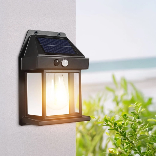 Solar wall lamp with motion sensor and filament LED bulb, black
