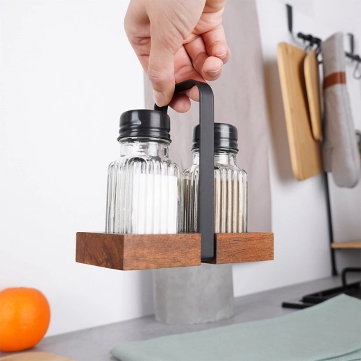 Practical wooden stand with metal handle