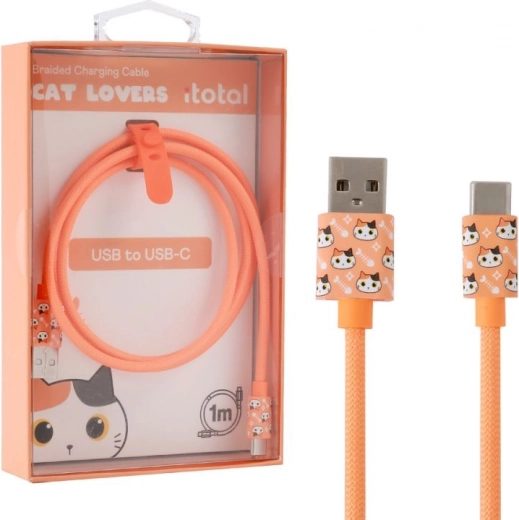 USB‑C uzlādes kabelis ar oranžu kaķīti