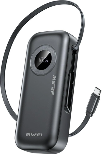 Awei ārējais akumulators PA-9 10 000 mAh 22,5 W ar iebūvētu USB‑C kabeli melns