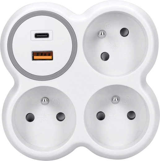 Solight kontaktligzdas sadalītājs 3× 16 A ar USB-A un USB-C ātro uzlādi PD 20 W balts–pelēks