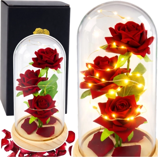 Mūžīgās sarkanās rozes stikla kupolā ar LED apgaismojumu 21,5 × 11 cm