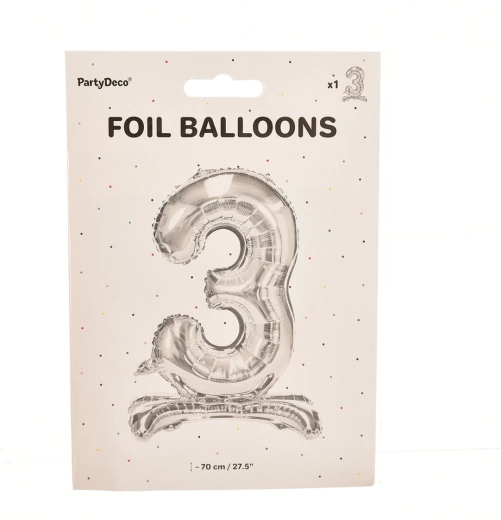 Stāvošs folijas balons cipars 3, sudraba, 70 cm