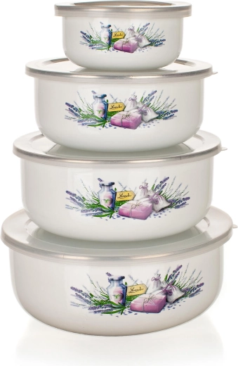 Lavender Enamel Bowl Set with Lids, 8 Pieces