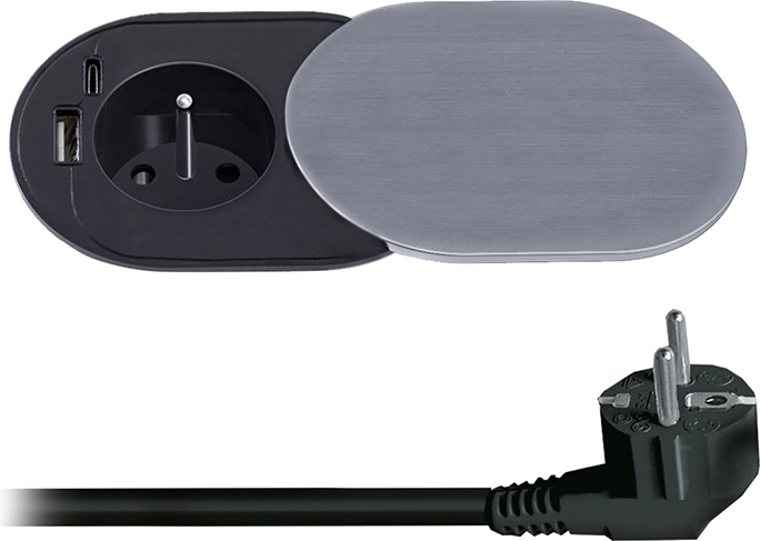 Solight iebūvējama kontaktligzda 230 V ar USB-A un USB-C PD 20 W ar bīdāmu vāciņu, 2 m, sudraba