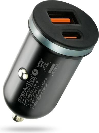Auto lādētājs everActive CC-30Q 35 W ar USB-A QC 3.0 un USB‑C PD, melns