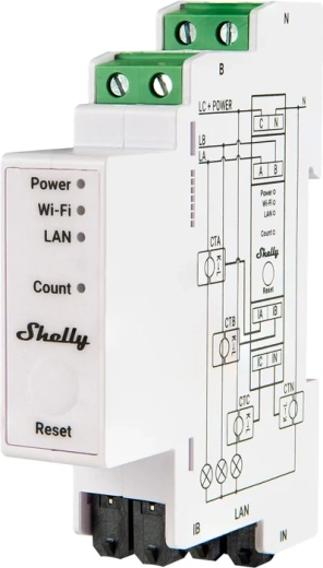 Shelly Pro 3EM Matter trīsfāžu elektroenerģijas skaitītājs 120 A DIN sliedei