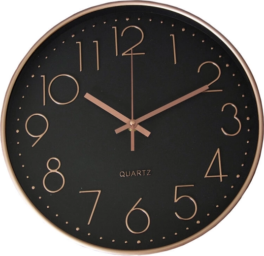 Wall clock 30 cm with 3D dial – rose gold frame and black background