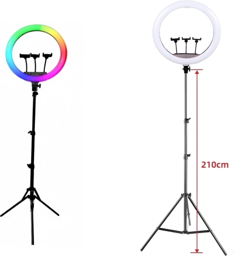 RGB LED ring light on tripod with 3 phone holders (45 cm)