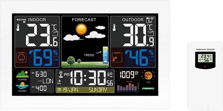 Solight weather station with extra-large color LCD display, temperature, humidity and pressure measurement, RCC and USB charging, white