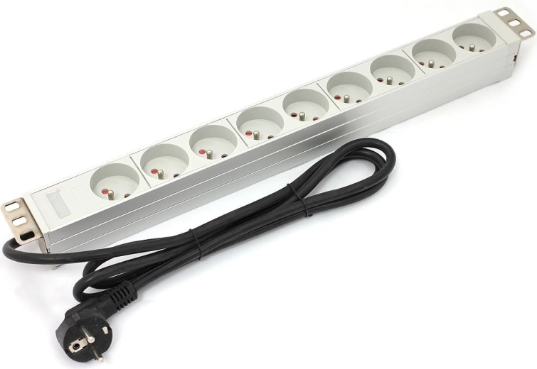 PDU sloksne 19" rack skapim, 9× E tipa, 1,8 m, Schuko, alumīnija, 16 A