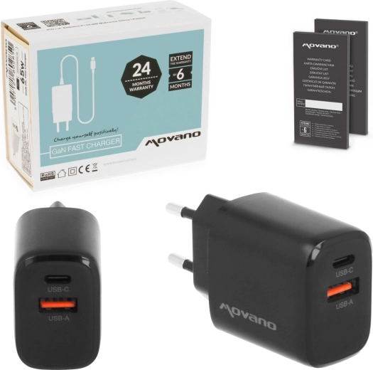 Movano GaN tīkla lādētājs 20 W USB‑C PD + USB‑A melns
