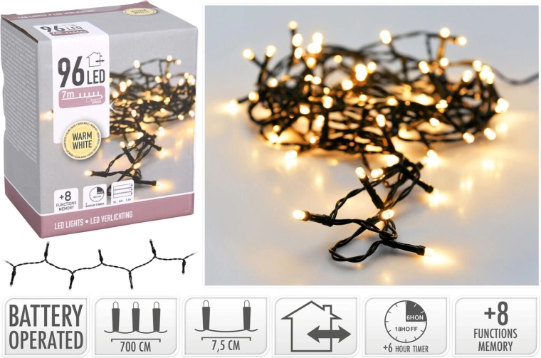 Ziemassvētku LED virtenes apgaismojums 7 m, 96 LED, silti balts, 8 funkcijas, IP44