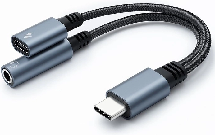 USB-C adapteris 2-vienā ar 3,5 mm ligzdu un PD 15 W – 10 cm